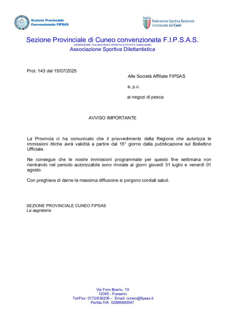 AVVISO IMPORTANTE – IMMISSIONI ITTICHE