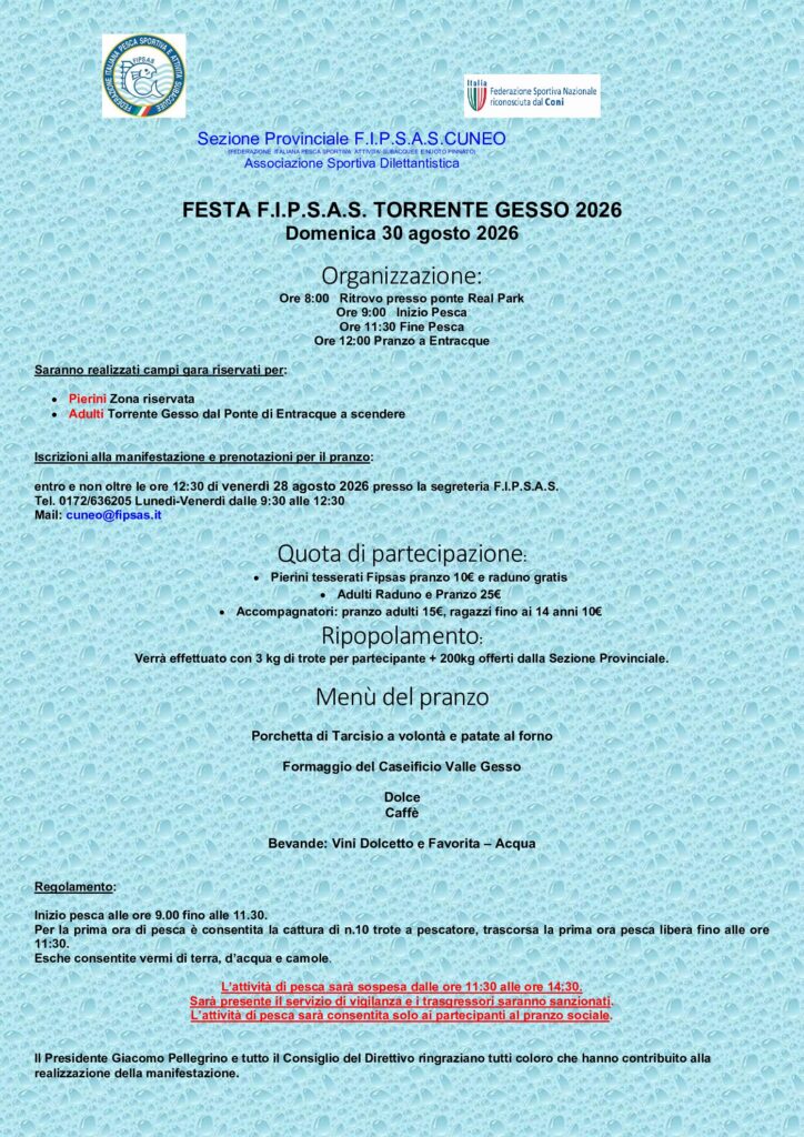 FESTA F.I.P.S.A.S. CUNEO –  DOMENICA 30 AGOSTO 2026 – ENTRACQUE