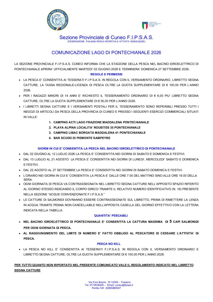 REGOLAMENTO 2026 BACINO IDROELETTRICO DI PONTECHIANALE