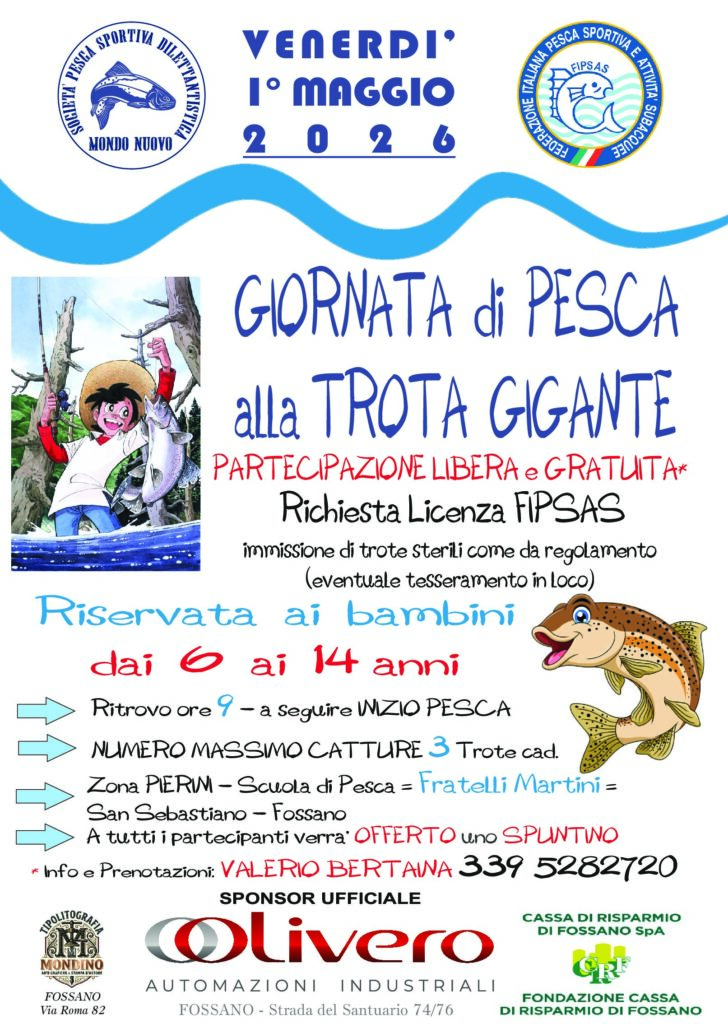 1° MAGGIO GIORNATA DI PESCA RISERVATA AI BAMBINI  – ZONA PIERINI A SAN SEBASTIANO DI FOSSANO
