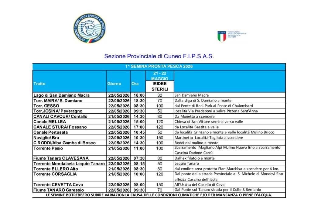 SEMINA PRONTA PESCA GIOVEDI’ 21 E VENERDI’ 22 MAGGIO 2026