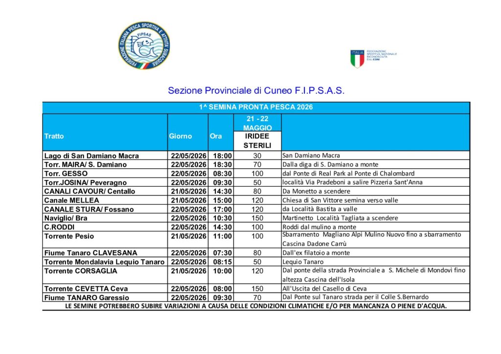 SEMINA PRONTA PESCA GIOVEDI’ 21 E VENERDI’ 22 MAGGIO 2026