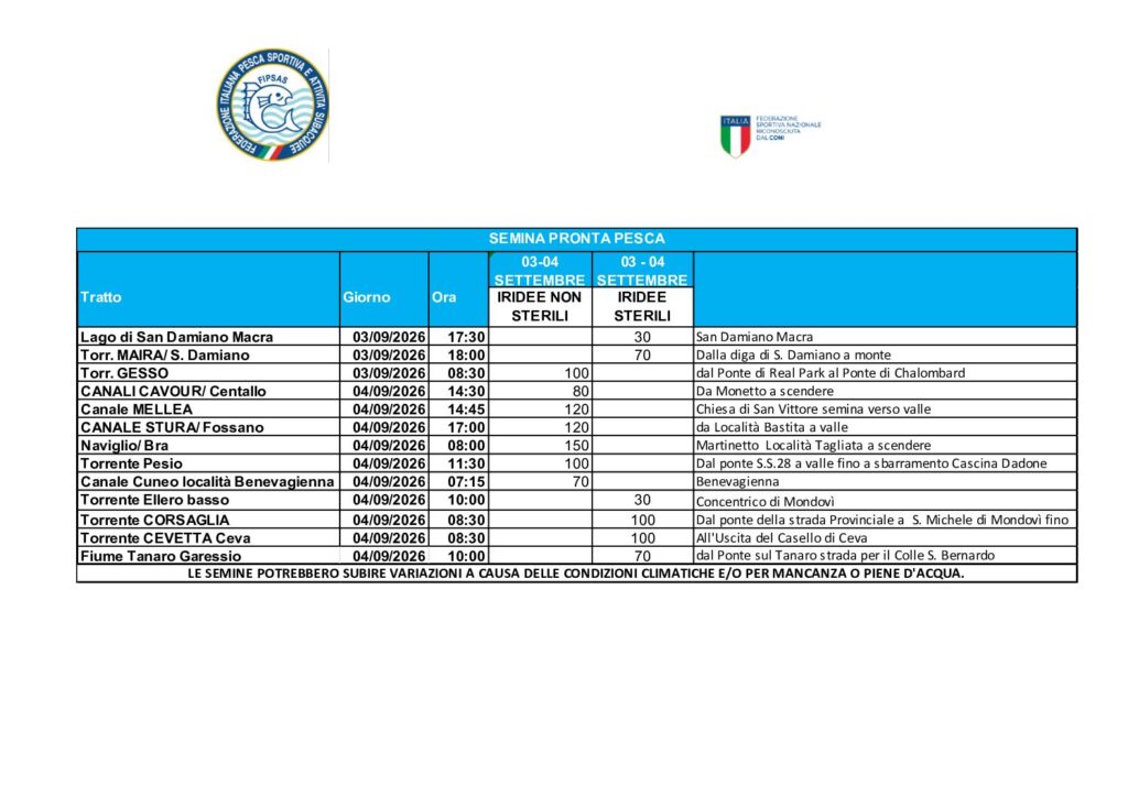 SEMINA PRONTA PESCA GIOVEDI’ 03 SETTEMBRE E VENERDI’ 04 SETTEMBRE