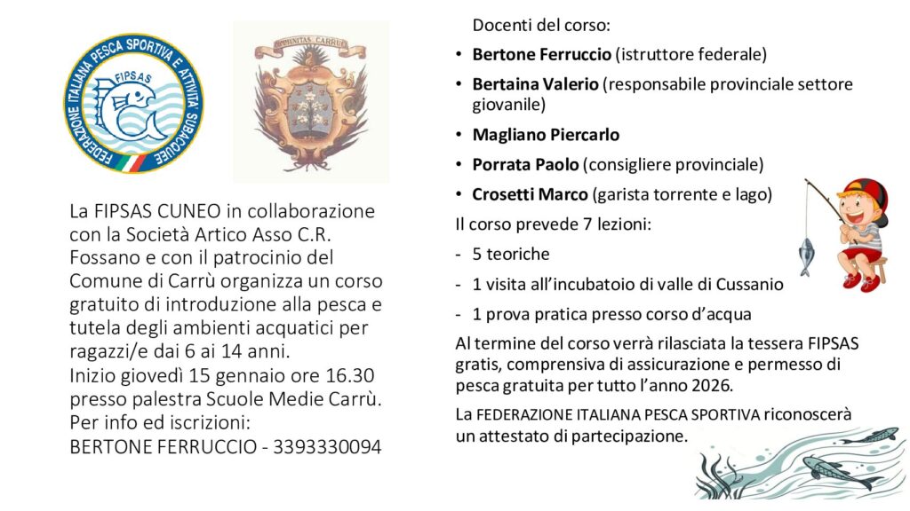 CORSO DI PESCA GRATUITO  PER I RAGAZZI DAI 6 AI 14 ANNI